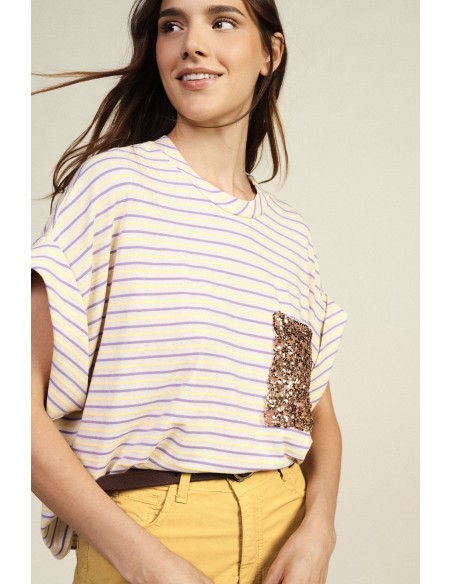 T-shirt à rayures avec poche appliquée à paillettes Dixie
