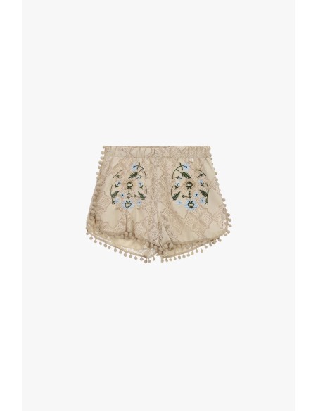 Dixie geborduurde shorts met pomponrand