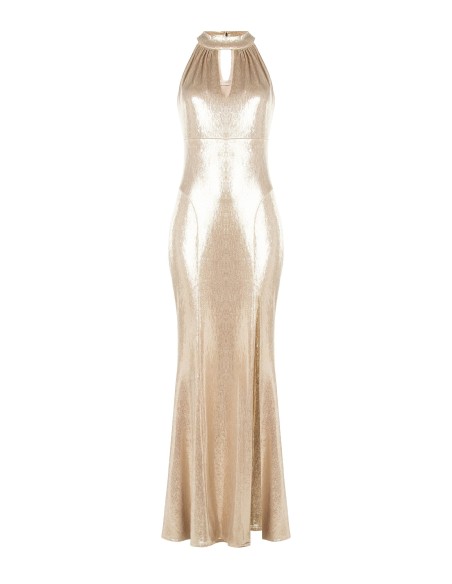 Robe longue ajustée et évasée en tissu lamé avec fente et découpe en forme de goutte Rinascimento