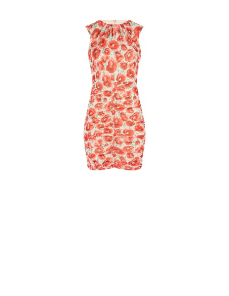 Robe fourreau en tulle à imprimé coquelicots, froncée, style Rinascimento