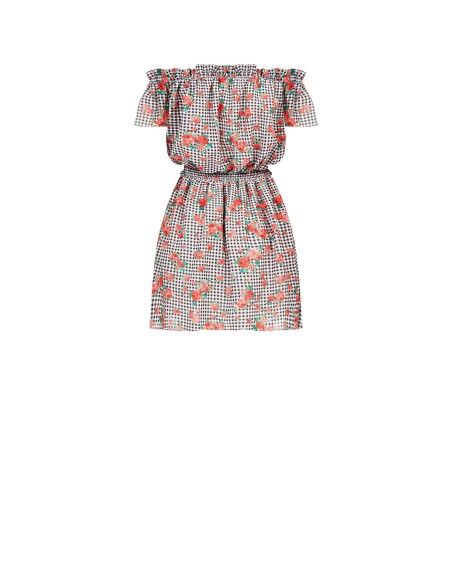 Robe courte à carreaux et roses avec élastique à la taille « Rinascimento »