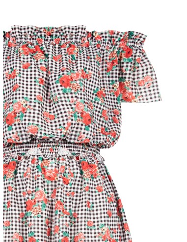 Korte geruite jurk met rozen en elastische taille van Rinascimento