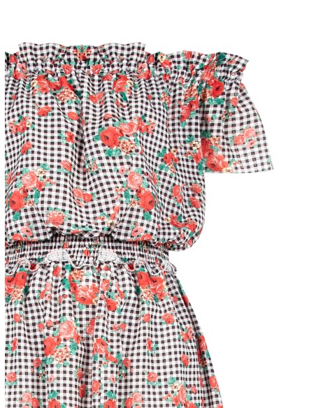 Korte geruite jurk met rozen en elastische taille van Rinascimento