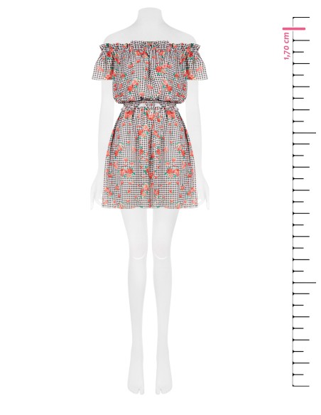 Robe courte à carreaux et roses avec élastique à la taille « Rinascimento »