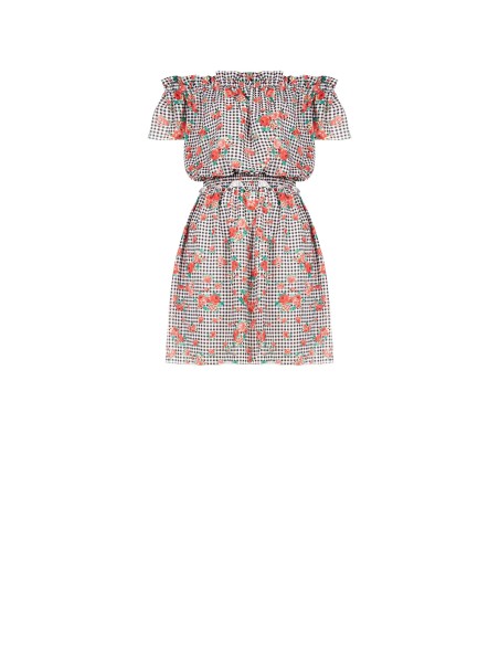 Korte geruite jurk met rozen en elastische taille van Rinascimento