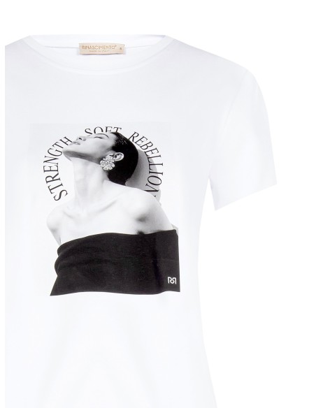 T-shirt regular en mélange de coton avec imprimé pour femme et strass Rinascimento