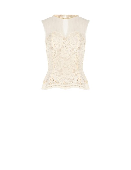 Top bustier cintré en dentelle avec empiècement en tulle et col rond orné de perles Rinascimento