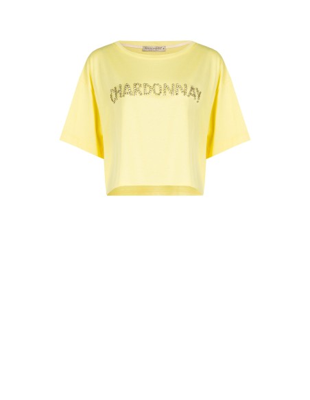 T-shirt court oversize en coton avec inscription « Chardonnay » en cristaux Rinascimento