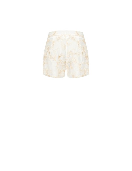 Short en mélange de viscose et de lin, orné de broderies florales en relief de style Rinascimento