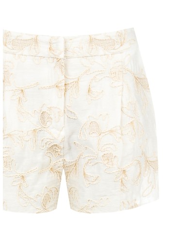 Short en mélange de viscose et de lin, orné de broderies florales en relief de style Rinascimento