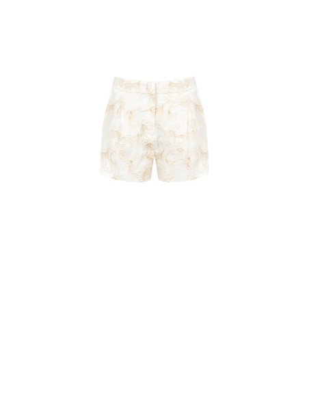 Short en mélange de viscose et de lin, orné de broderies florales en relief de style Rinascimento