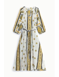 Lange jurk met geometrische print, riem, Dixie-stof 2