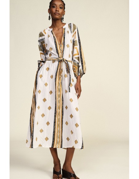 Robe longue à imprimé géométrique avec ceinture, en tissu Dixie