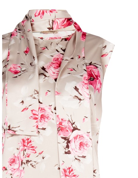 Haut fluide cintré en satin à motif de roses avec foulard intégré « Rinascimento »