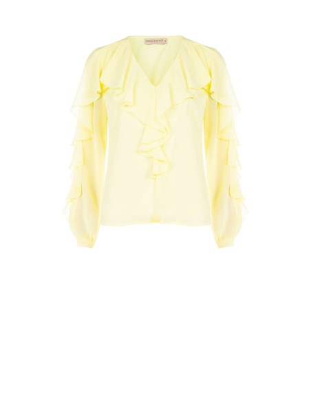 Getailleerde blouse van geplisseerde georgette met V-hals en volant Rinascimento