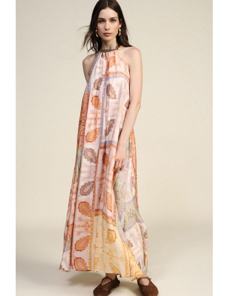 Robe longue à imprimé patchwork avec encolure nouée Dixie