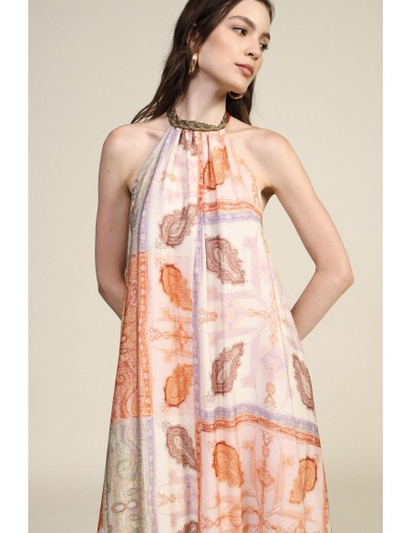 Robe longue à imprimé patchwork avec encolure nouée Dixie