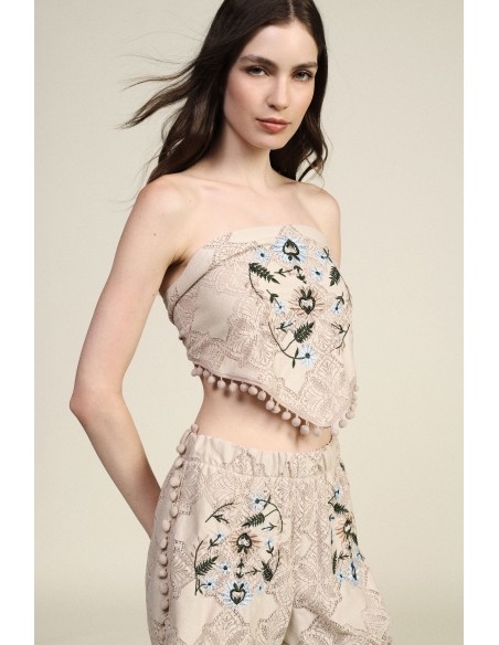 Top bandana avec broderie florale et détails à pompons Dixie