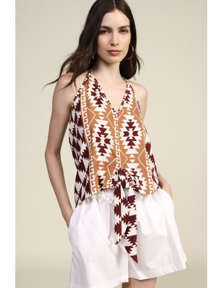 Top à encolure nouée à motif géométrique Dixie