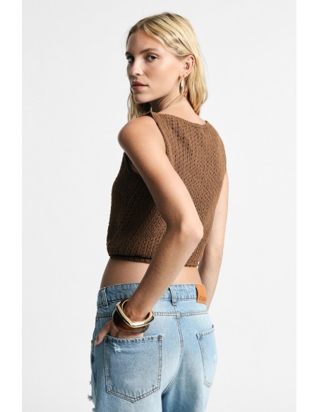 Opengewerkte cropped top zonder mouwen met ronde hals Please