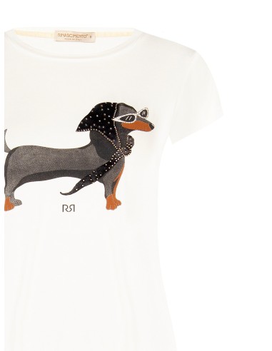 T-shirt regular en mélange de viscose avec imprimé teckel et strass Rinascimento