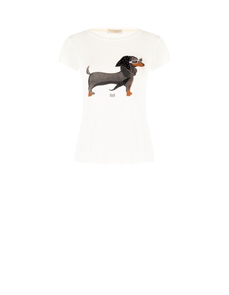 T-shirt regular en mélange de viscose avec imprimé teckel et strass Rinascimento
