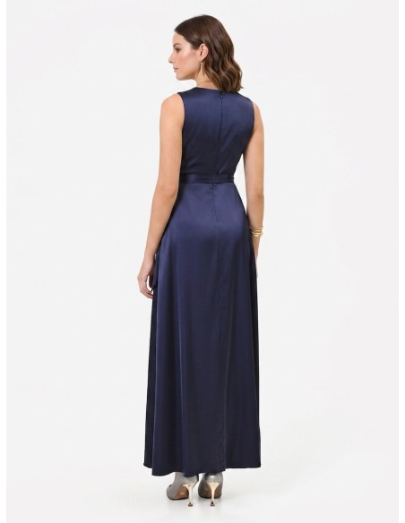 Robe longue en satin plissé avec décolleté en V croisé et noué à la taille, Rinascimento