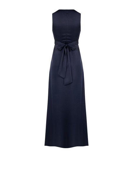 Robe longue en satin plissé avec décolleté en V croisé et noué à la taille, Rinascimento