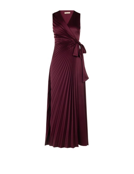 Robe longue en satin plissé avec décolleté en V croisé et noué à la taille, Rinascimento