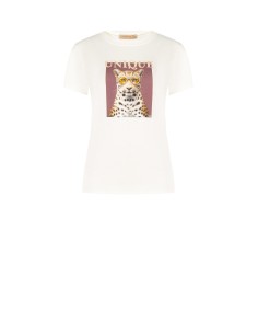 T-shirt regular en coton mélangé à imprimé léopard avec strass Rinascimento