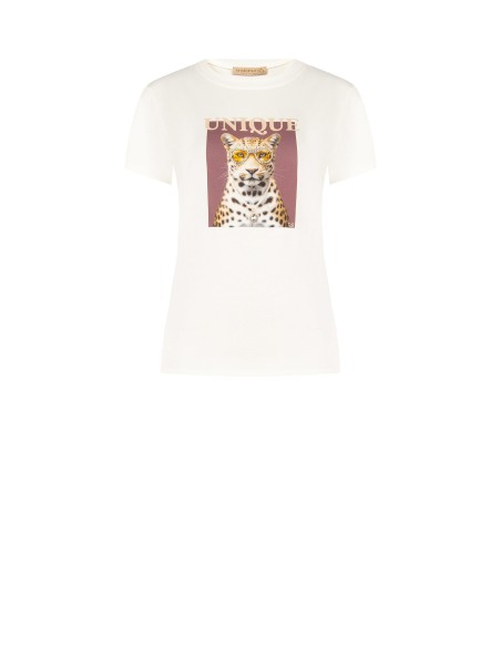 T-shirt regular en coton mélangé à imprimé léopard avec strass Rinascimento