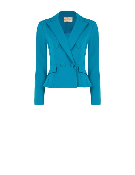 Getailleerde korte blazer met dubbele rij knopen van scuba-crêpe met bijpassende knopen van Rinascimento