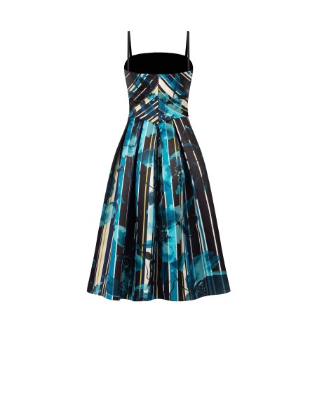 Robe midi bustier en satin duchesse structuré à fleurs et rayures Rinascimento