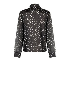 Ruimvallende, soepelvallende satijnen blouse met stippen, V-hals en strik Rinascimento 2