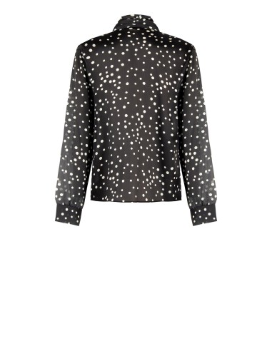 Ruimvallende, soepelvallende satijnen blouse met stippen, V-hals en strik Rinascimento
