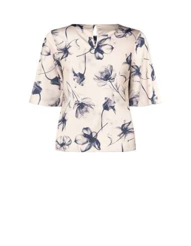 Curvy-blouse van satijn met grote vervaagde bloemen en korte mouwtjes – Rinascimento Curvy