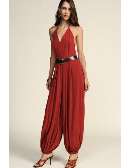 Dixie jumpsuit met halterhals en gerimpelde pijpen