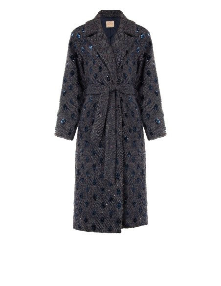 Manteau long de type spolverino en mélange de laine bouclée avec perles et fils de lurex Rinascimento