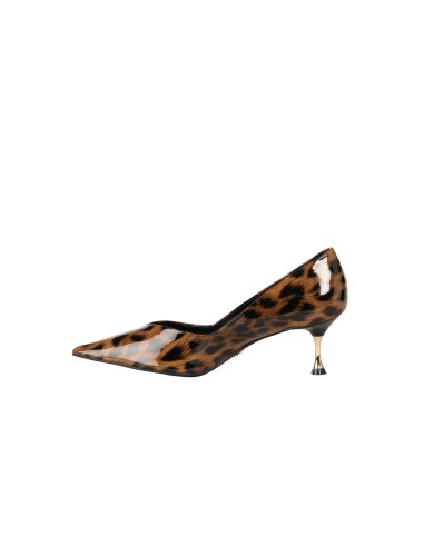 Glanzende stiletto pumps met luipaardprint en lage metalen hak Rinascimento