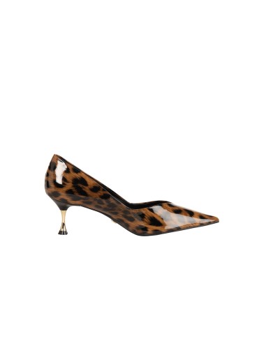 Glanzende stiletto pumps met luipaardprint en lage metalen hak Rinascimento