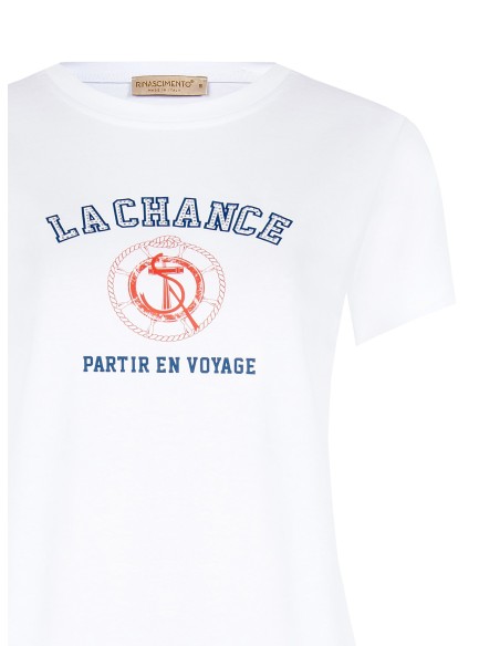 T-shirt regular en coton mélangé avec imprimé bleu marine et strass Rinascimento