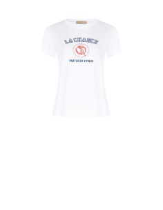 Regular T-shirt van katoenmix met navykleurige print en strass-steentjes van Rinascimento