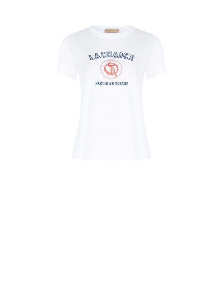 T-shirt regular en coton mélangé avec imprimé bleu marine et strass Rinascimento