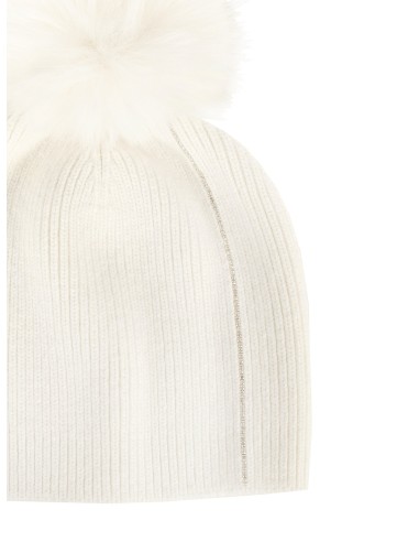 Bonnet en mélange de viscose et d’angora avec motif en lurex et pompon en fausse fourrure Rinascimento