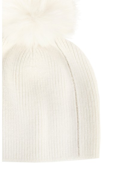 Bonnet en mélange de viscose et d’angora avec motif en lurex et pompon en fausse fourrure Rinascimento