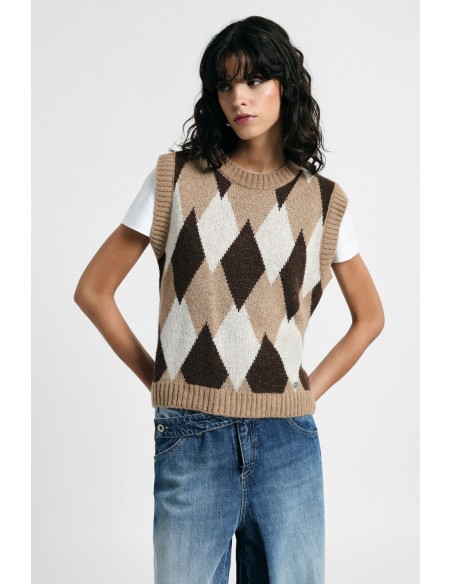 Pull sans manches à col rond motif losanges Please