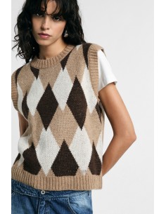 Pull sans manches à col rond motif losanges Please
