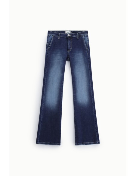 Flare-fitjeans met wijde pijpen en zichtbare naden, alstublieft