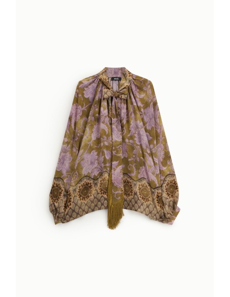 Blouse ample à imprimé floral avec nœud et franges Dixie