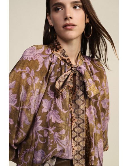 Blouse ample à imprimé floral avec nœud et franges Dixie